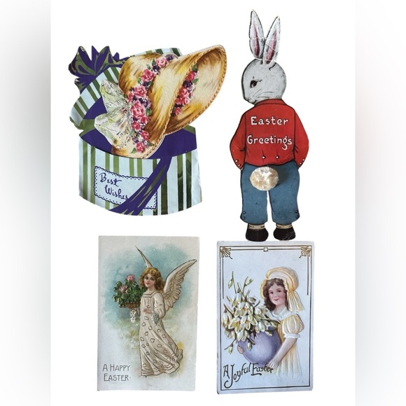 Vintage Lot of 4 Easter Cards with Bunny, Girl, Angel and Bonnet 1900's - Picture 1 of 11